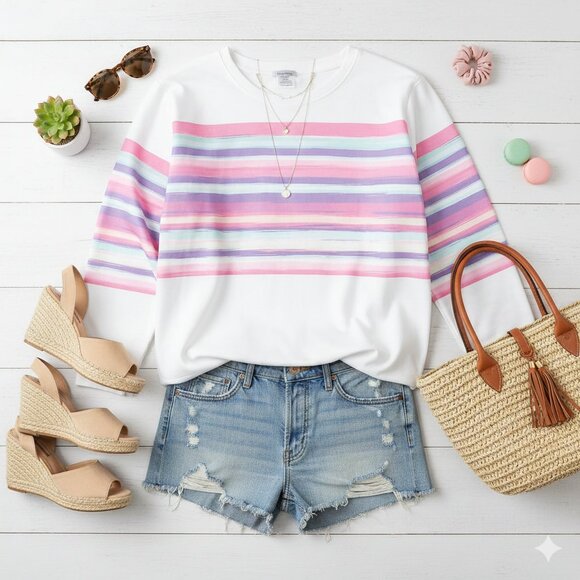 Pixie Lady Tops - Pixie Lady Watercolor Striped Pullover Sweatshirt